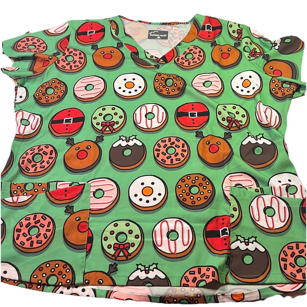 Butter Soft Women's Scrub Top Gray Christmas Donuts Santa Snowman Size XL EUC